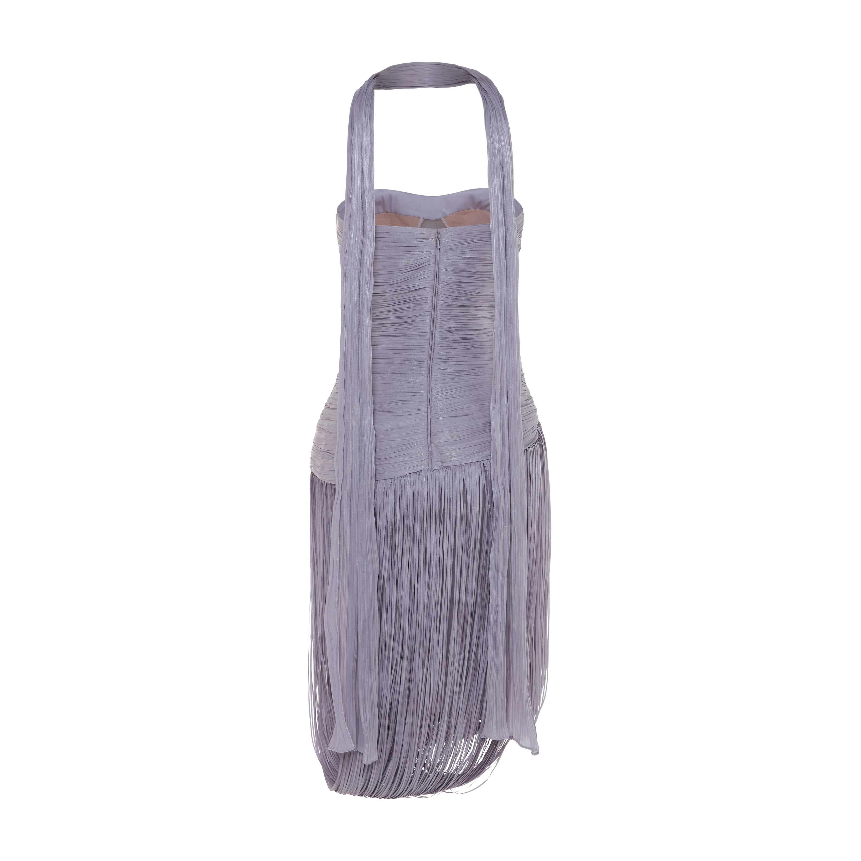 YASMINA - STRAPLESS PLEATED SILK MIDI WITH CORSET AND FRINGES - Image 4